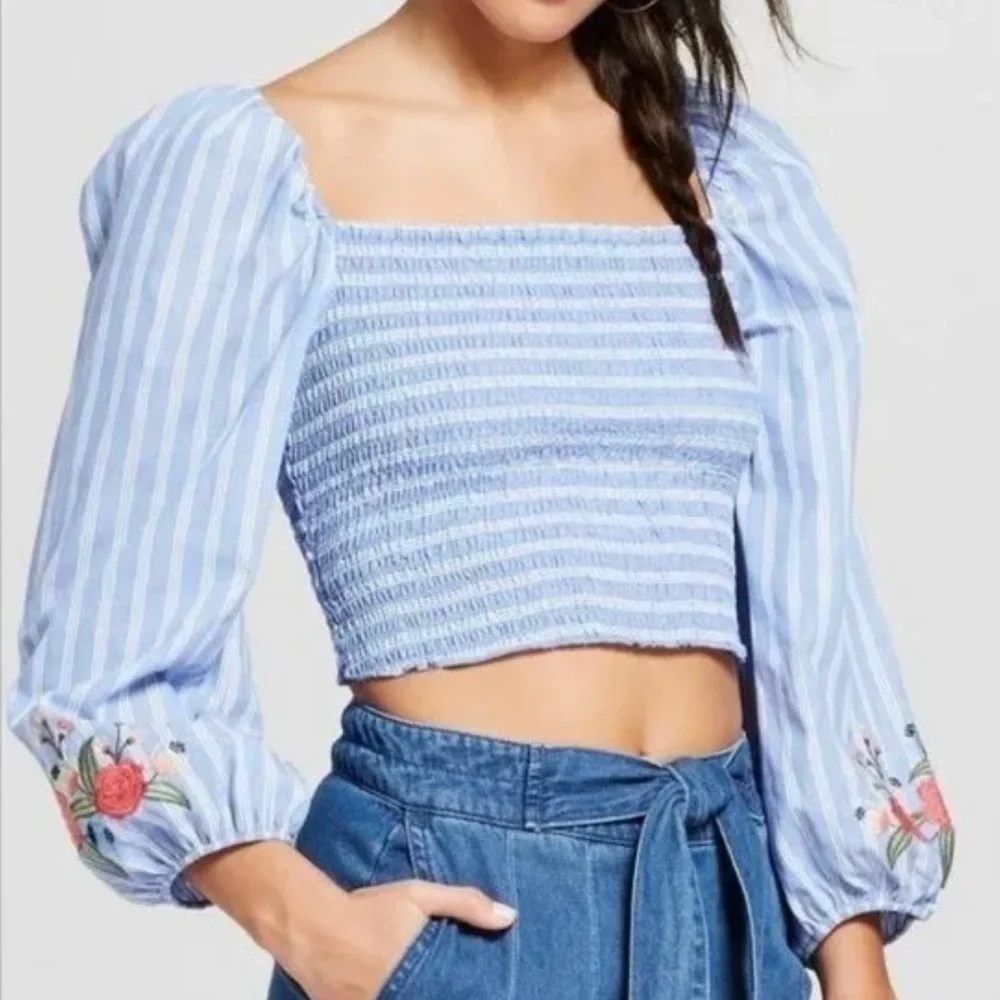 Xhilaration Striped Embroidered Smocked Square Neck Puff Sleeve Crop Top Shirt - Picture 11 of 11